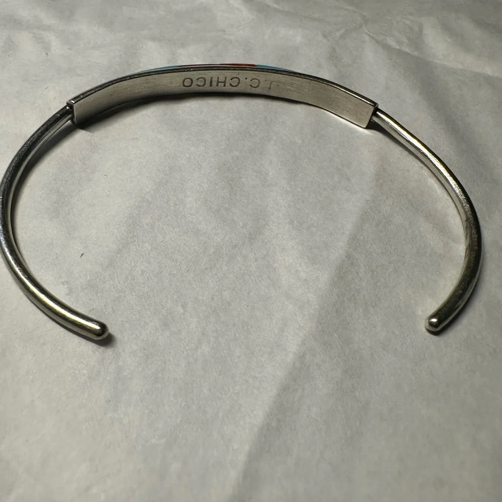 Vintage handmade Native American Zuni inlaid turquoise silver cuff bracelet - Picture 2 of 12